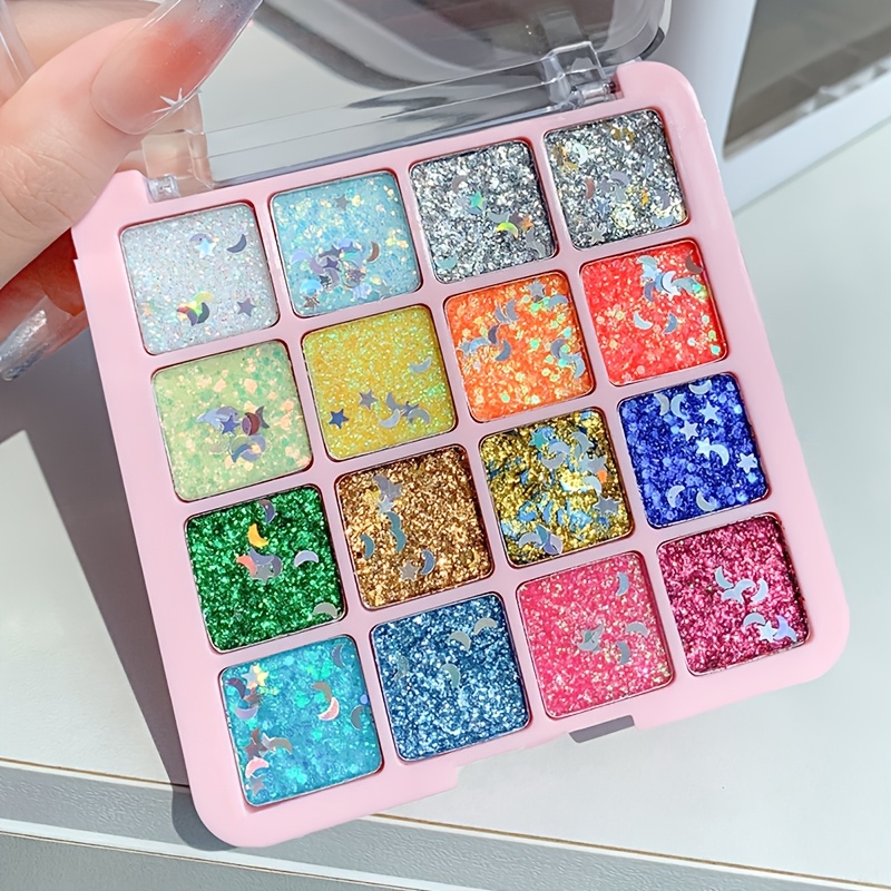 Image of Mgl 16-color Glitter Eyeshadow Palette! Colorful Stage Makeup With Pearlescent Glitter, Green, Pink, Blue, Performance, No Glue Needed