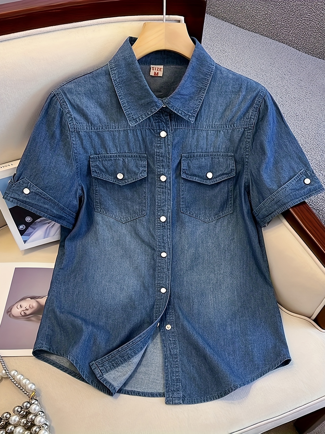 women's fitted short-sleeve denim shirt with a collar | Great Deals | Temu  South Africa