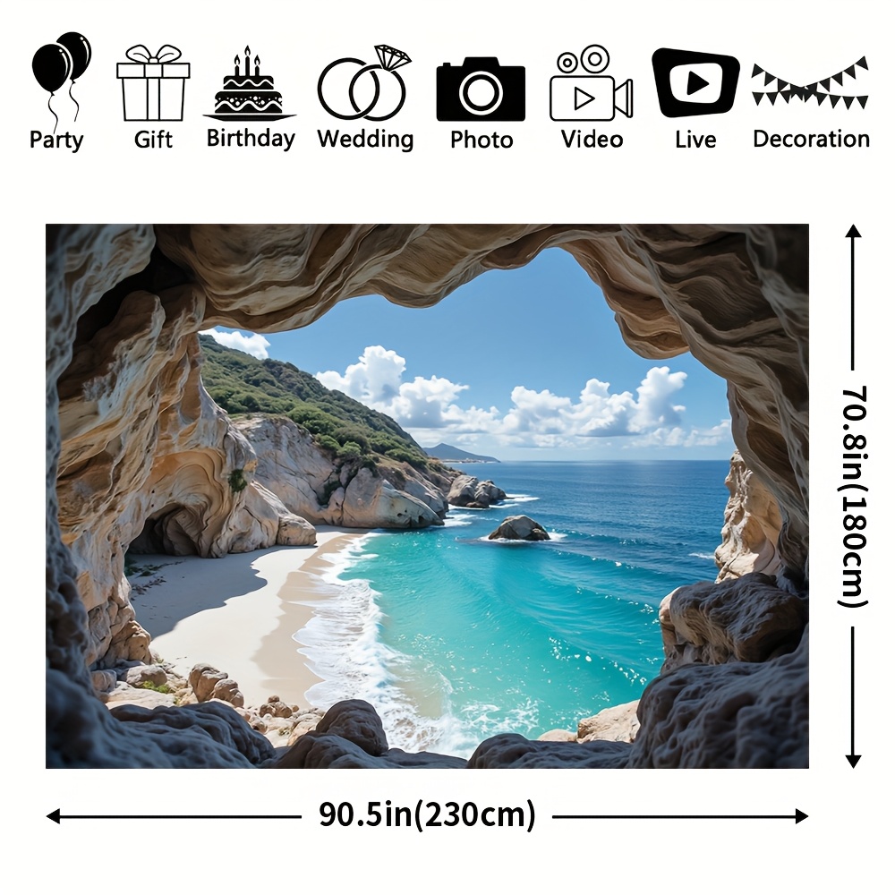 TEMU Toile de Fond Murale Paysage Marin Plage en 3D avec Rocheuse et Plage Sableuse - Polyester Durable, Pas d'Électricité , Parfait pour la