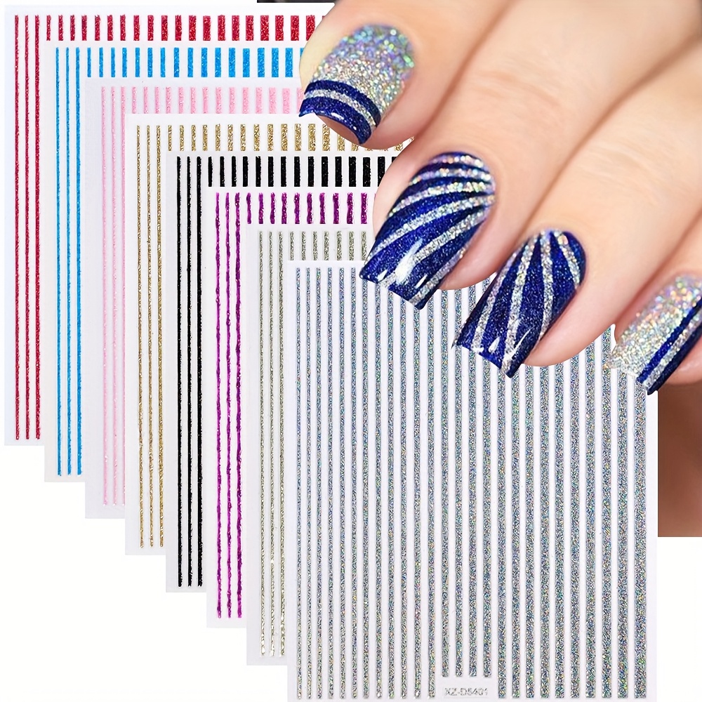 Image of 8 Sheets Nail Striping Tape Metallic Lines Stickers Tip Manicure Strip Adhesive Holographic Foil Design Golden Sticker Decals For Nail Art