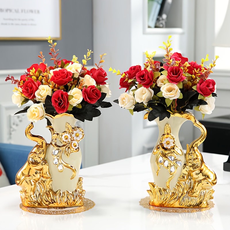 

[2pcs Vases] 2pcs Style Ceramic Bud Vases With Animal Print, Golden Decorative Pedestal Flower Vases, Elegant Floral Theme Centerpieces For Living Room, Tv Cabinet Decor