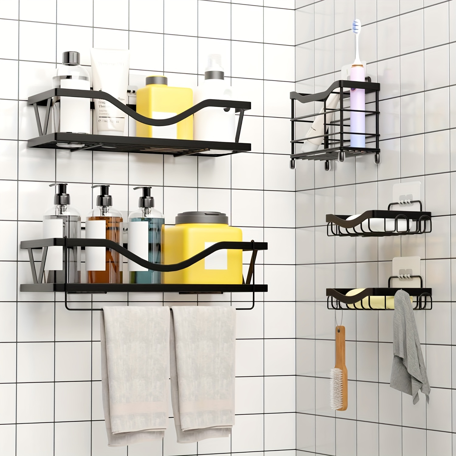 

5 Bathroom Organizer Adhesive Shelves And Toothbrush For Steel Bathroom