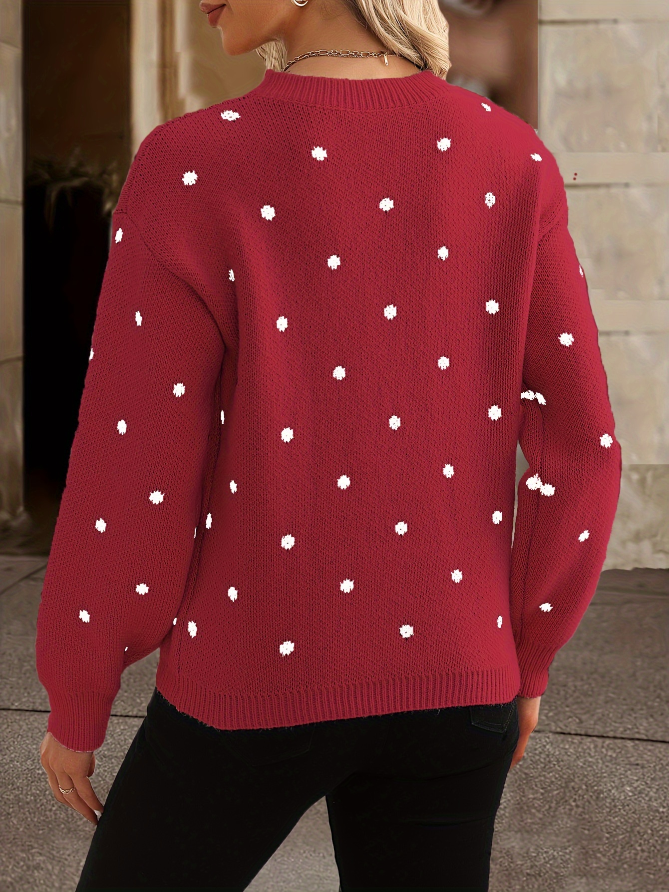 polka dot crew neck pullover sweater elegant long sleeve basic sweater womens clothing details 1