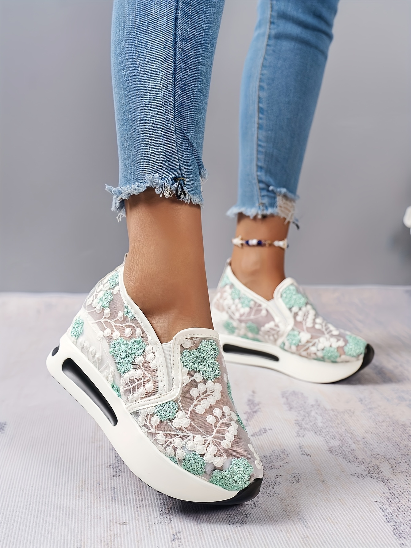 chic womens lace mesh sneakers breathable anti skid slip on platform shoes with   ladies sneakers details 1