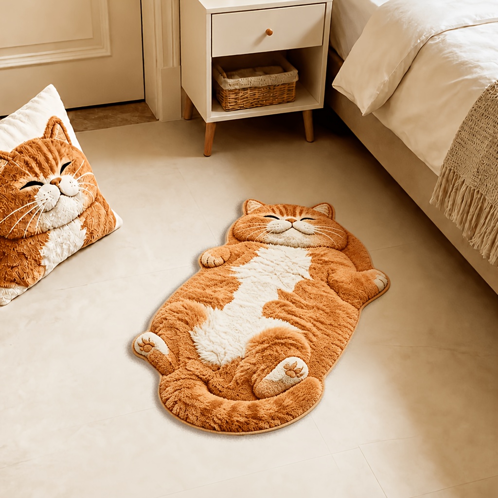 TEMU 1pc-gentle And Style Reclining Fat Special-shaped Carpet, Soft, Cute And Realistic Warm Orange Sleeping Cat, Suitable For Living Room, Bedroom,