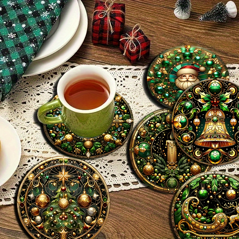 

6-piece Christmas Pattern Wooden Coaster Set - Heat-resistant, Slip-resistant Decorative Cup Mats For Home, Office & Themed Parties - Diamond Painting Design Drink Coasters, 10cm/3.9in