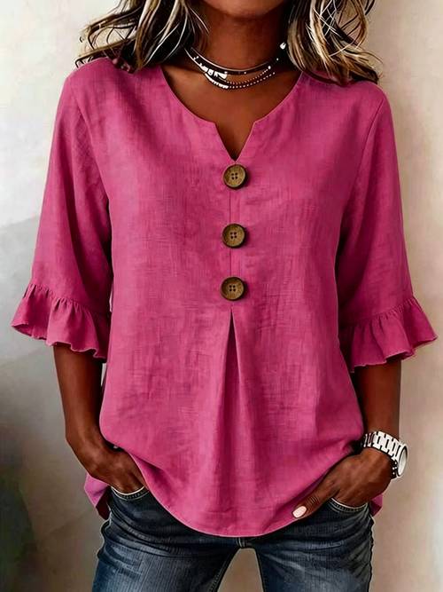 item picture plus size plus size womens plus size solid color summer v neck button ruffle sleeve casual top