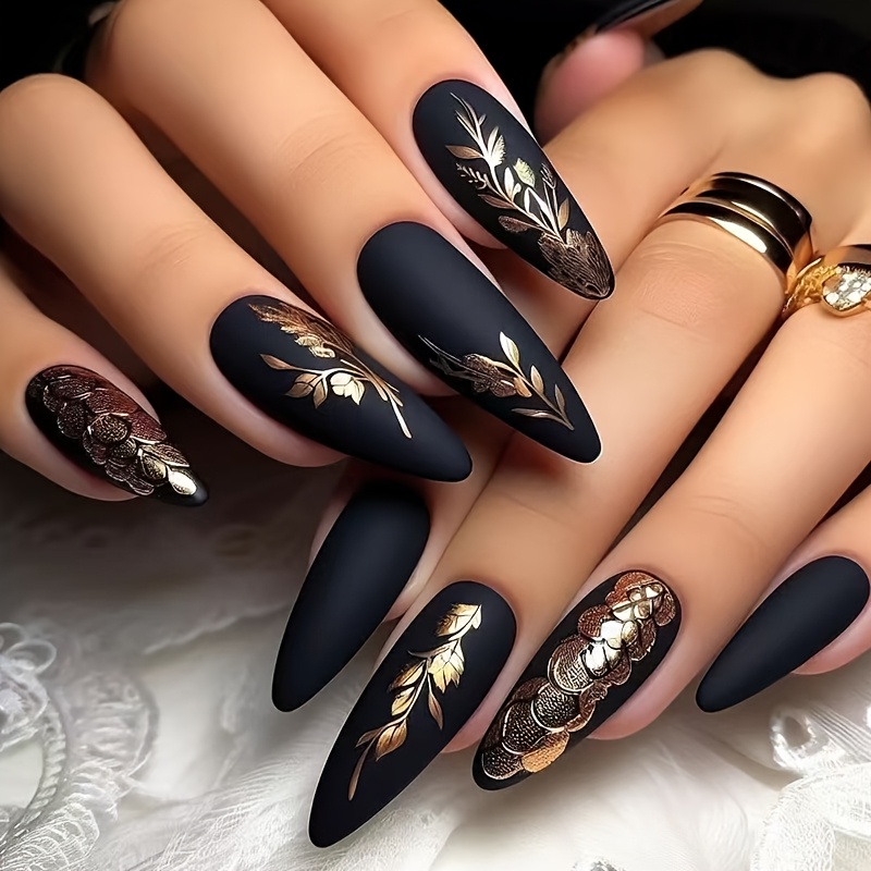 

24pcs Matte Black & Design Almond Nails - Elegant Embossed Frosted , Medium Length, Sophisticated Nail Art For & Stylish Look