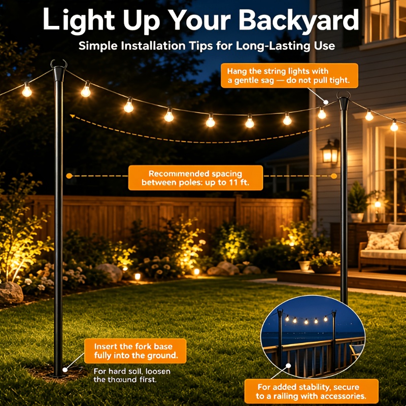TEMU String Light Poles, 2/4/, Light Poles For Outside Lights, Outdoor With Fence Brackets Hanging Lights, Metal Stand Deck Patio Backyard Wedding