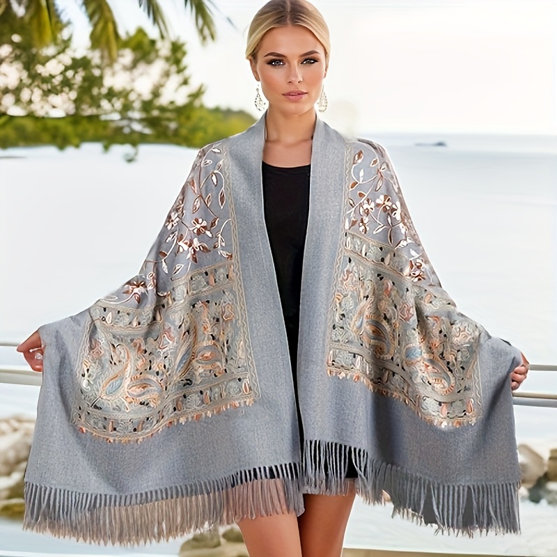 Image of Bohemian Floral Embroidery Outerwear Spring Autumn Vintage Cashmere Embroidered Scarf Shawl Versatile Shawl Ethnic Scarf Large Size Shawl Warm