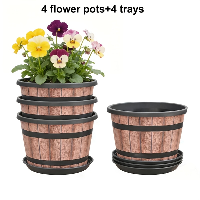 E-shop 8-teiliges Pflanzkübel-Set in Whiskeyfass-Form, enthält 4 Pflanzkübel 4 Untersetzer, geeignet für den Innen- Außenbereich. Pflanzkübel im