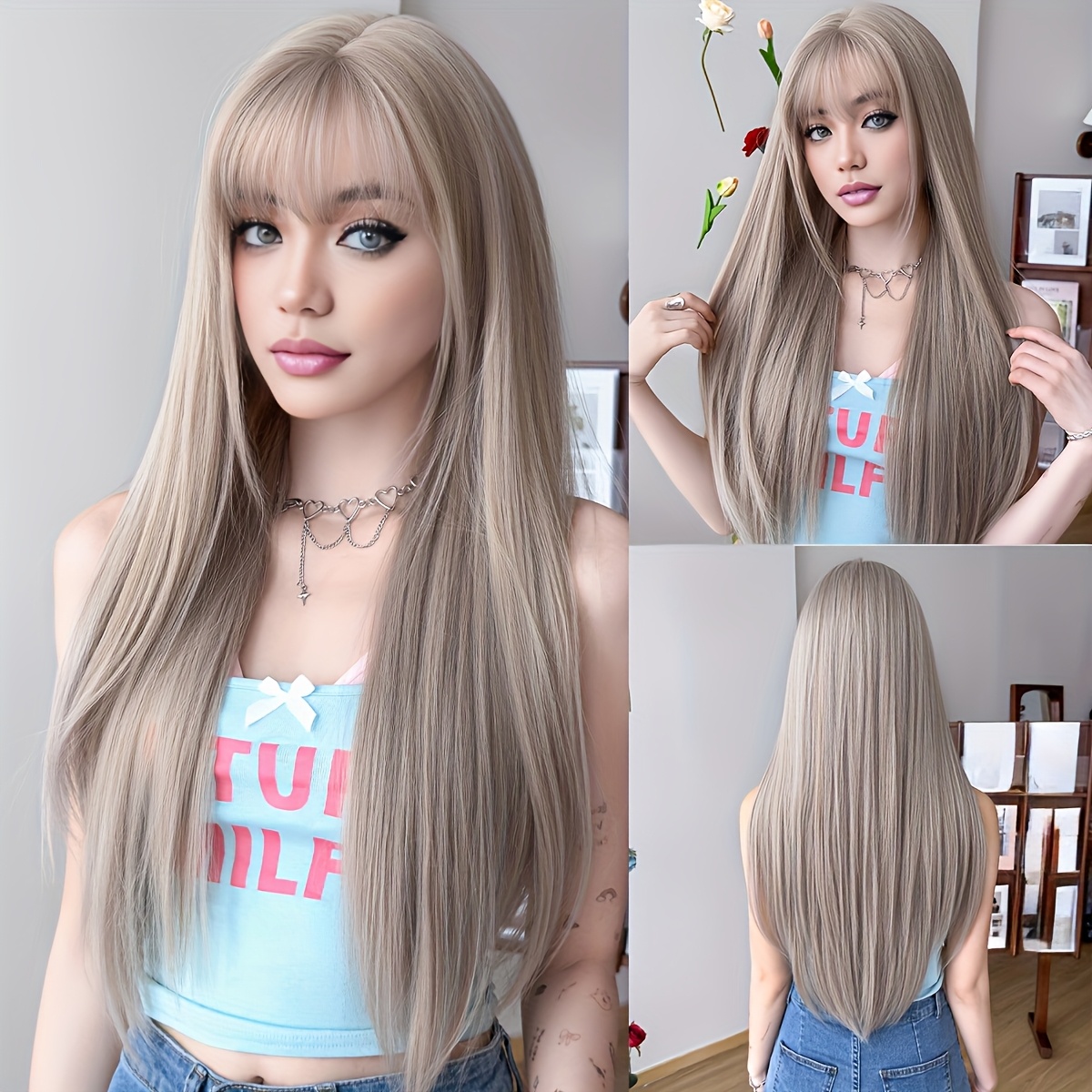E-shop NAMM Elegante 30" Extra Lange Gerade Perücke für Frauen - Schickes Graubraun mit Pony, Weiche & Hitzebeständige Synthetikfaser, Ideal für den &