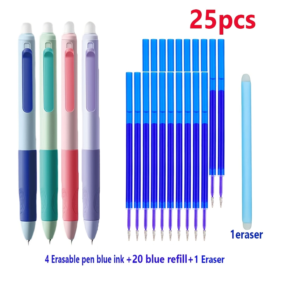 TEMU 25pcs Set - Erasable Gel Pens, 4-color Mixed Retractable Pens, Equipped With Replacement Ink Cartridges, 0.5mm Blue Ink Pens, Smooth Writing And
