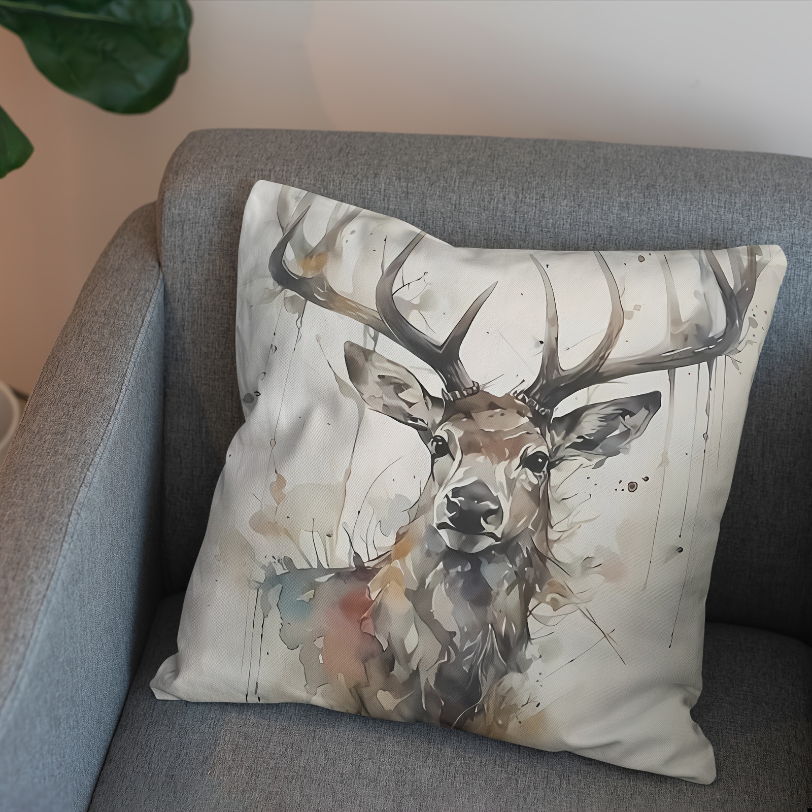 

1pc, Retro Deer Head Short Plush Throw Pillow Cover, Zipper Single-sided Print Pillowcase, Home Decor Sofa Bedroom Decoration, No Pillow , 18×18 Inches