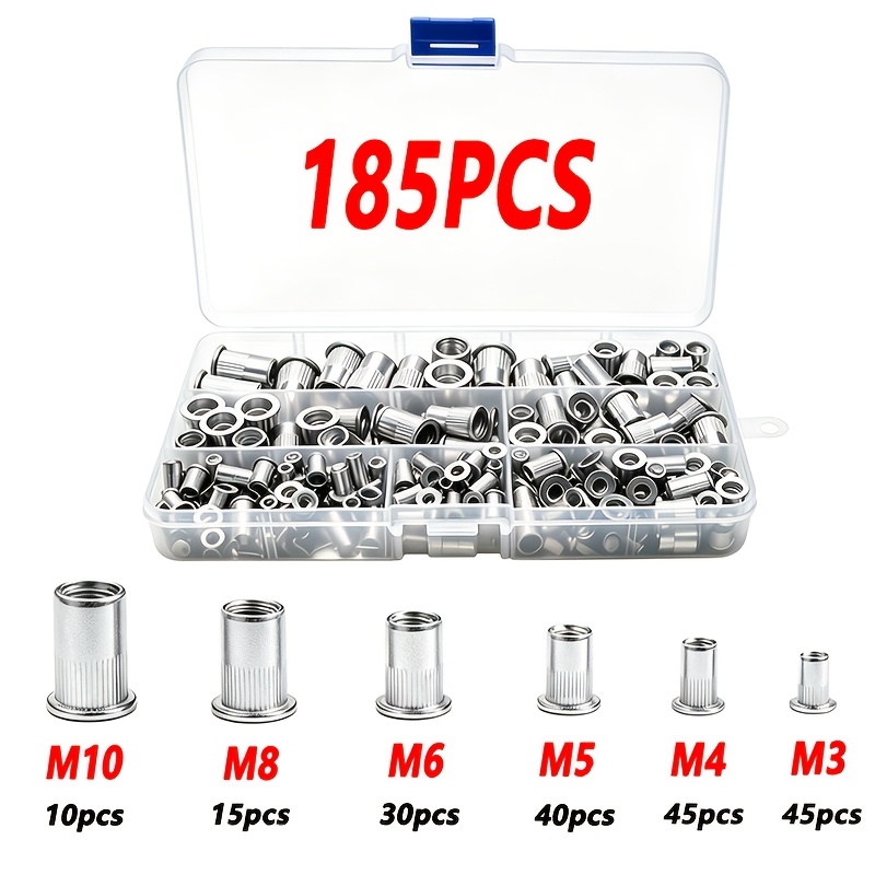 TEMU 185pcs Rivet Nut Set M3-m10 Material Rivet Nuts Anti-rust Knurled Rivet Nuts Car Furniture Metal Sheet Installation Threaded Rivet Nut