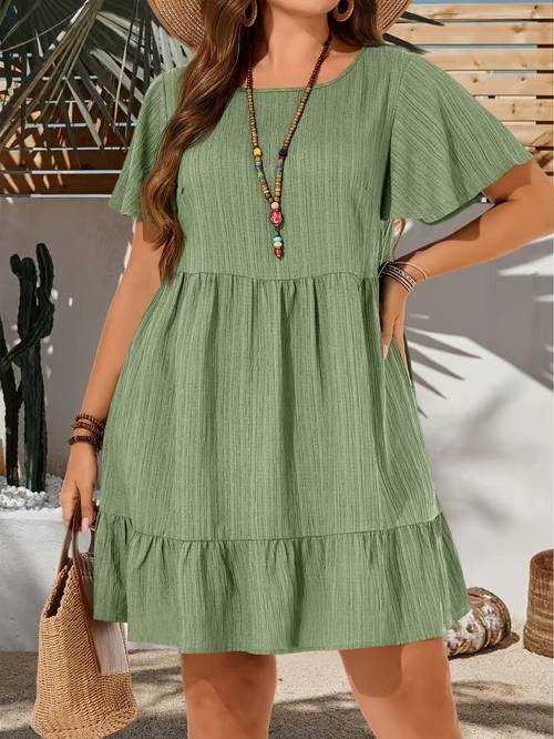 plus size middle eastern plus size round neck solid color fashionable european and american ethnic style relaxed short sleeve dress