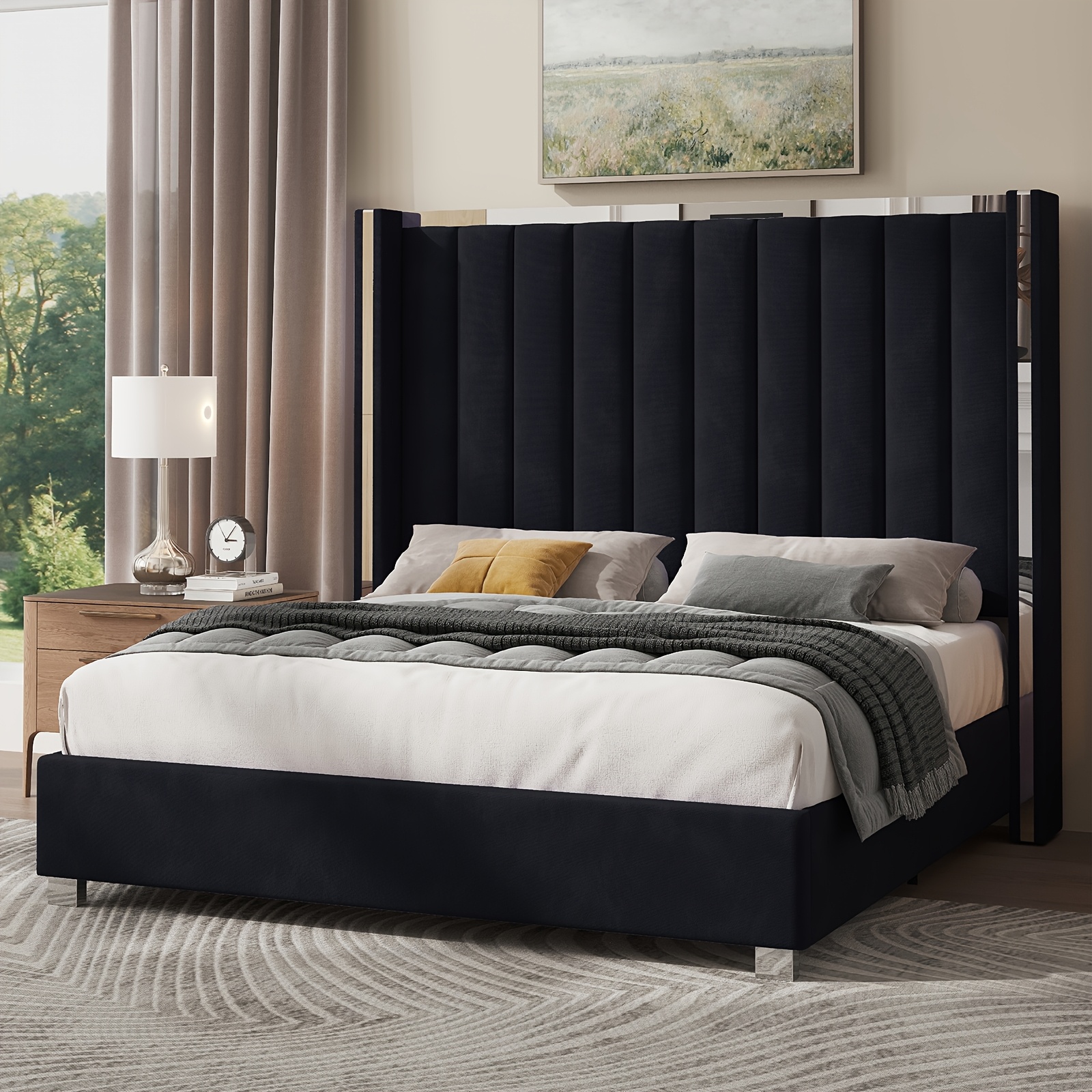 Luxoak Velvet Upholstered Platform Bed With 58" Tall Channel Tufted Wingback Headboard, Plating Trim & Spring Needed