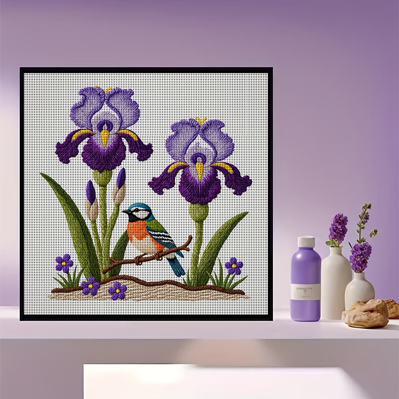 Cross Stitch Printed Kit, Frameless Purple Iris Blue Red Bird Design