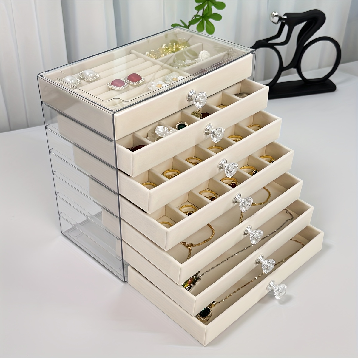 7 layer transparent plastic jewelry organizer box with fabric lined compartments secure   closure contemporary octagonal design multi use desktop storage for earrings rings necklaces jewelry organizer storage durable polished   jewelry boxes Product details 6