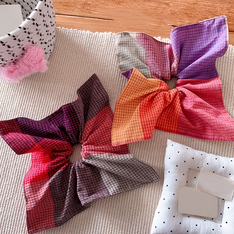 TEMU 2pcs Gentle -block Check Large Hair Tie Exquisite Design Sense Ponytail Updo Bun Head Flower Square Scarf Hair Accessory