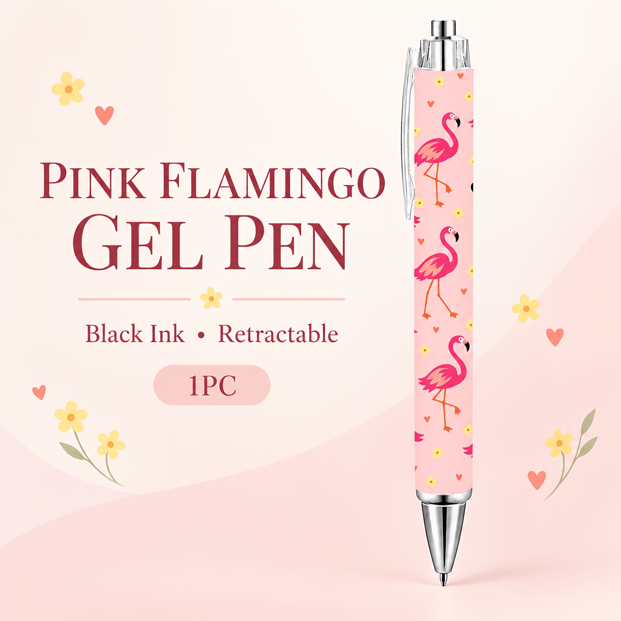TEMU 1pc Pink Flamingo Gel Pen, Flower And Heart Print, Retractable Black Ink Pen For Journaling, Planners And Gifts