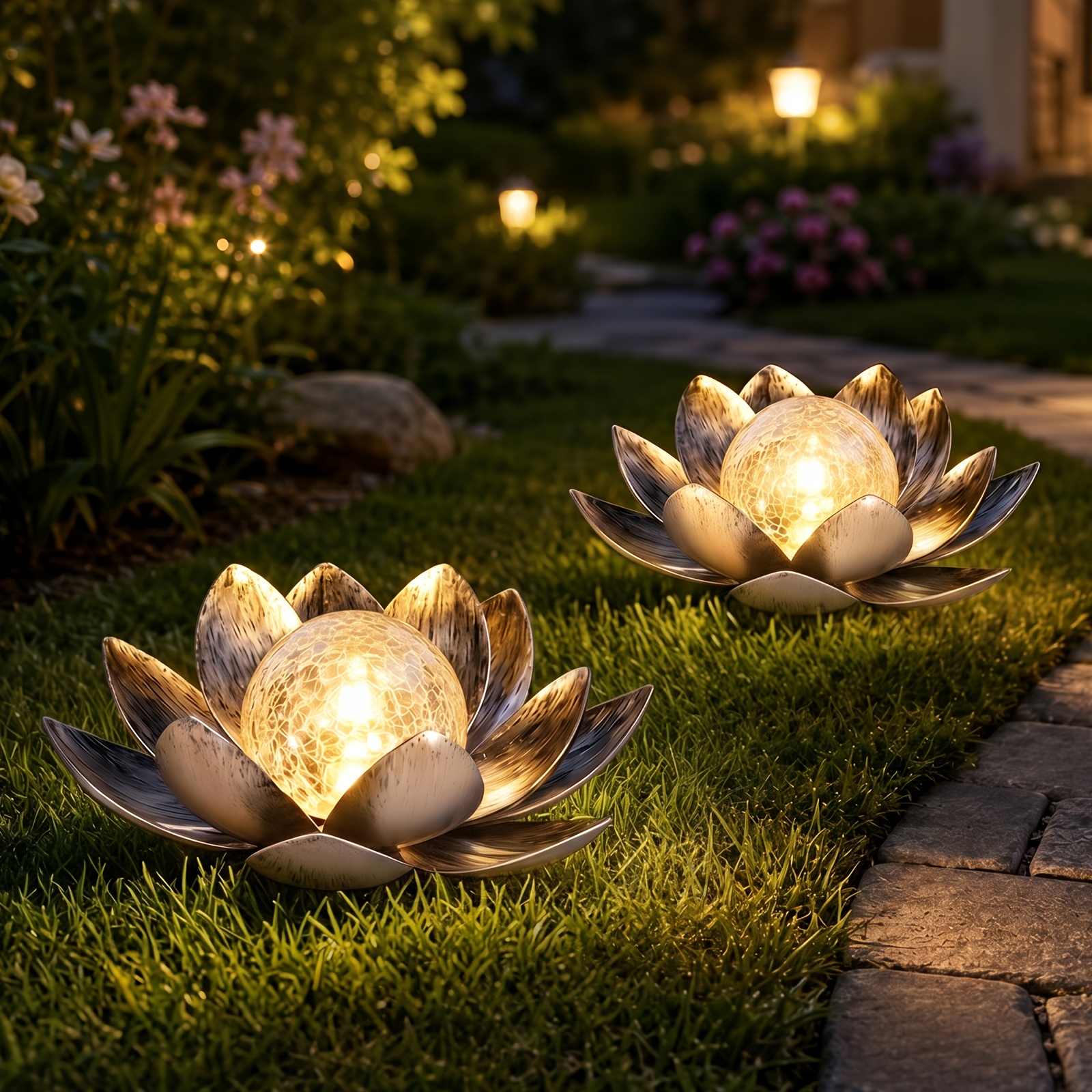 TEMU 2-pack Solar Lotus Lamps, Outdoor Cracked Glass Solar Decor Lights, Indoor & Outdoor Dual Use Ornament, Ideal Holiday Present For Thanksgiving