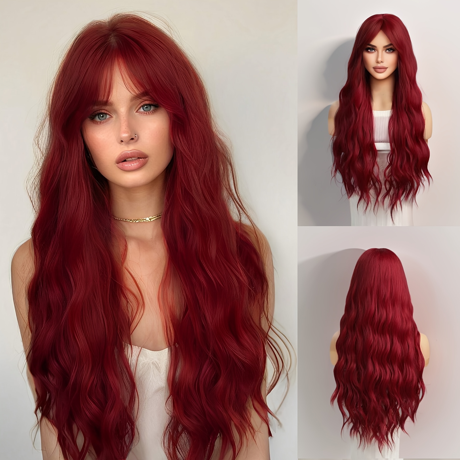 30-inch Long Wavy Rose Red Synthetic Wig - Heat Resistant, Look, Soft Texture, Perfect For Halloween Parties, With Bangs, Women's Fashion Wig