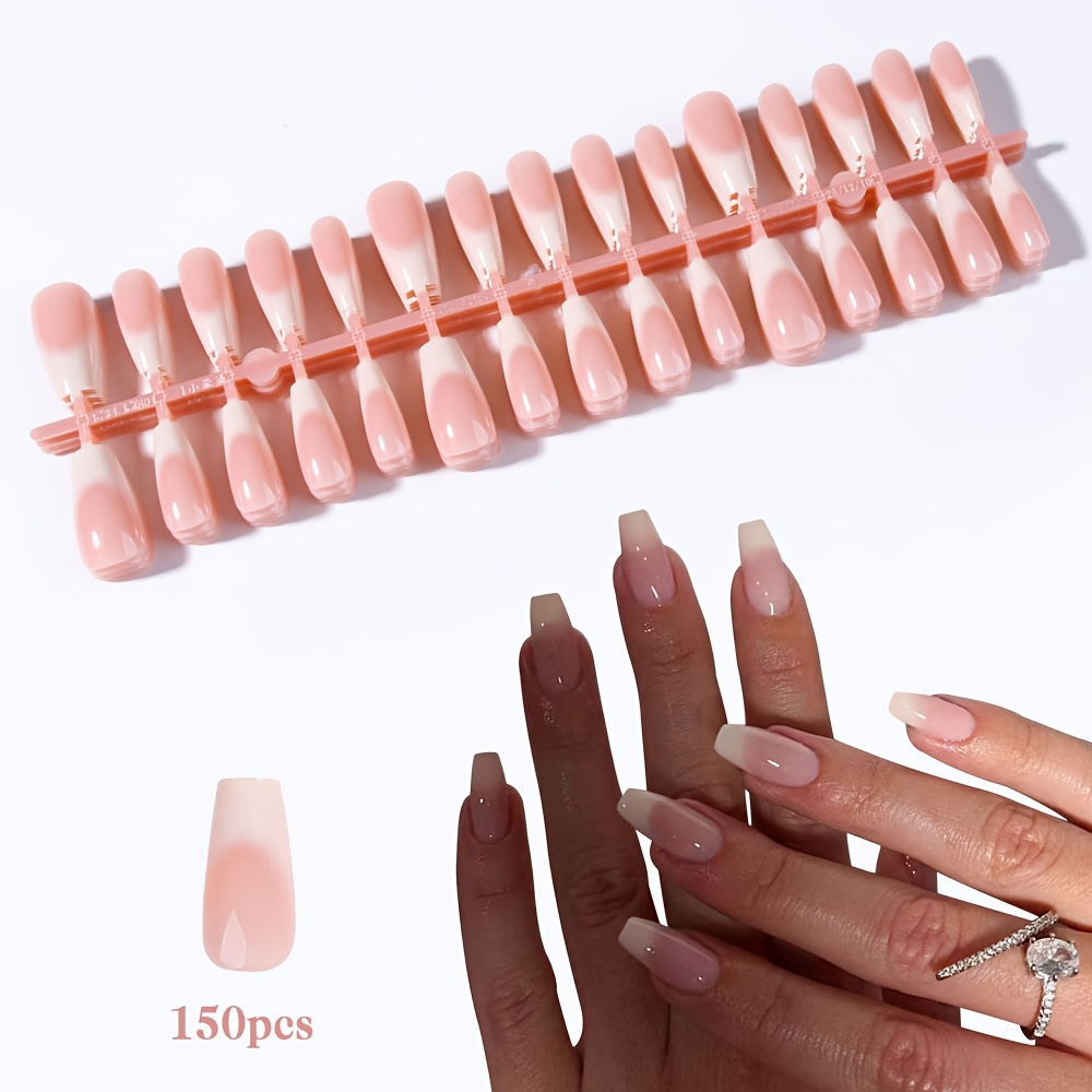 TEMU 150pcs Nude Gradient French Mid-length Square Press-on Nail Set, Gentle Temperament Style Nail Stickers, Translucent Nude Base With Gradient