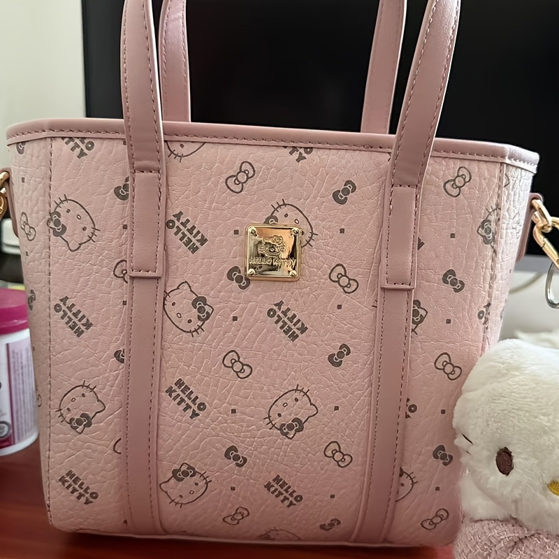 

For Hello Kitty Leather Top-handle Bag For Women, Pink Animal Print, Lightweight With Fixed Shoulder Straps, Zipper Closure, Polyester Lined, Applique , Includes Clutch - Style