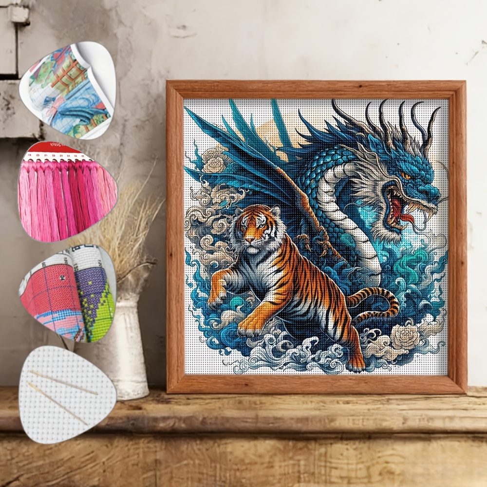 TEMU 1 Set Dragon And Tiger Themed Printed Cross- Kit, 14.17×14.17 Inches, 11ct Precision Printing, Diy Hand Embroidery, Complete Tool Kit Including