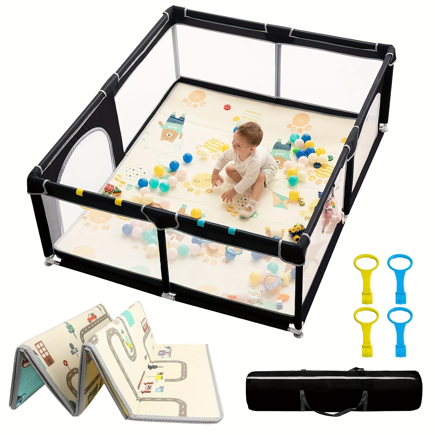 

Playpen ( With/without Cushion) 70"" X 60"", Extra Large Playground, Safe Playpen, Indoor And Outdoor Kids' Activity Play Center With Non-slip Suction Cup And Zipper Door (black And Grey)