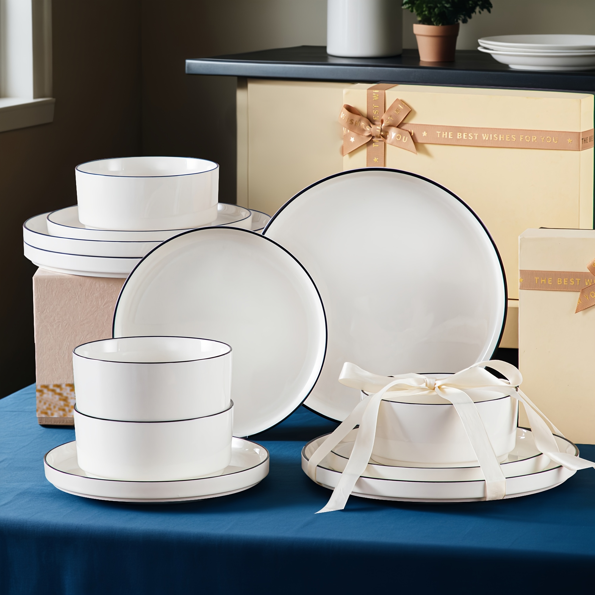 12 teiliges abendessen set weiß schwarzem rand porzellan