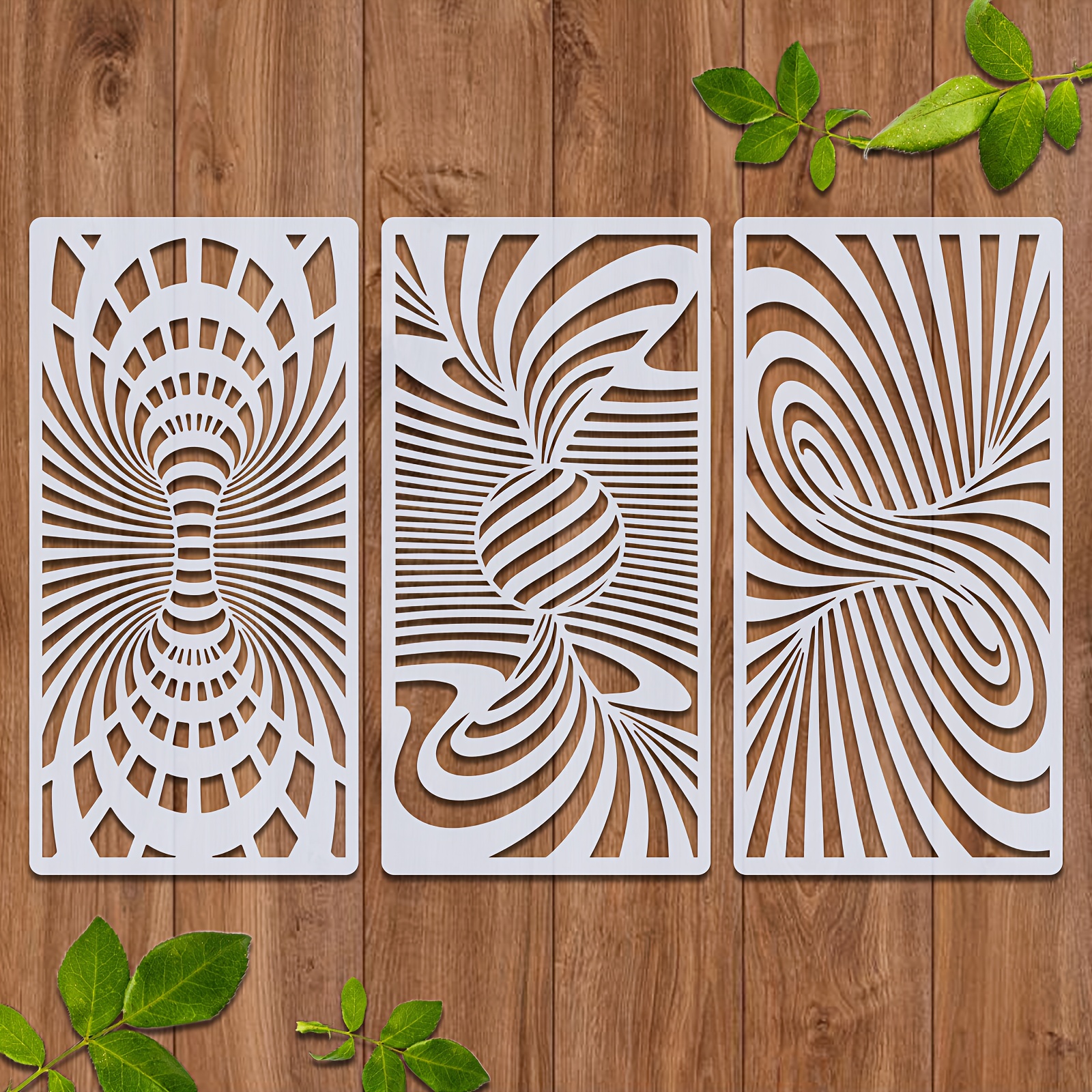 Image of 3pcs Abstract Geometric Texture Template Set, Washable Art Stencils, Suitable For Wall Art, Furniture, Scrapbooking, Coloring, Relief, Photo . Durable Pet Painting Templates