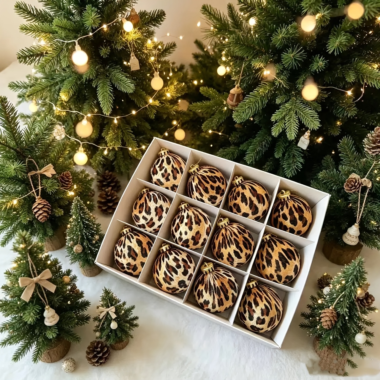 TEMU 12pcs Christmas Ball Set With Leopard Print Foam Ornaments - 8cm/6cm Vibrant Animal Pattern With , Lightweight And Durable Holiday Decor For