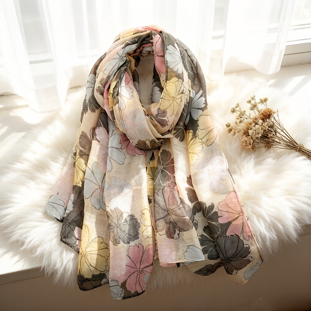 TEMU 1 Bali Yarn Floral Print Women's Scarf, Lightweight And Breathable Shawl, Elegant And Stylish Design Women's Scarf, Beach Towel, Dress Headscarf