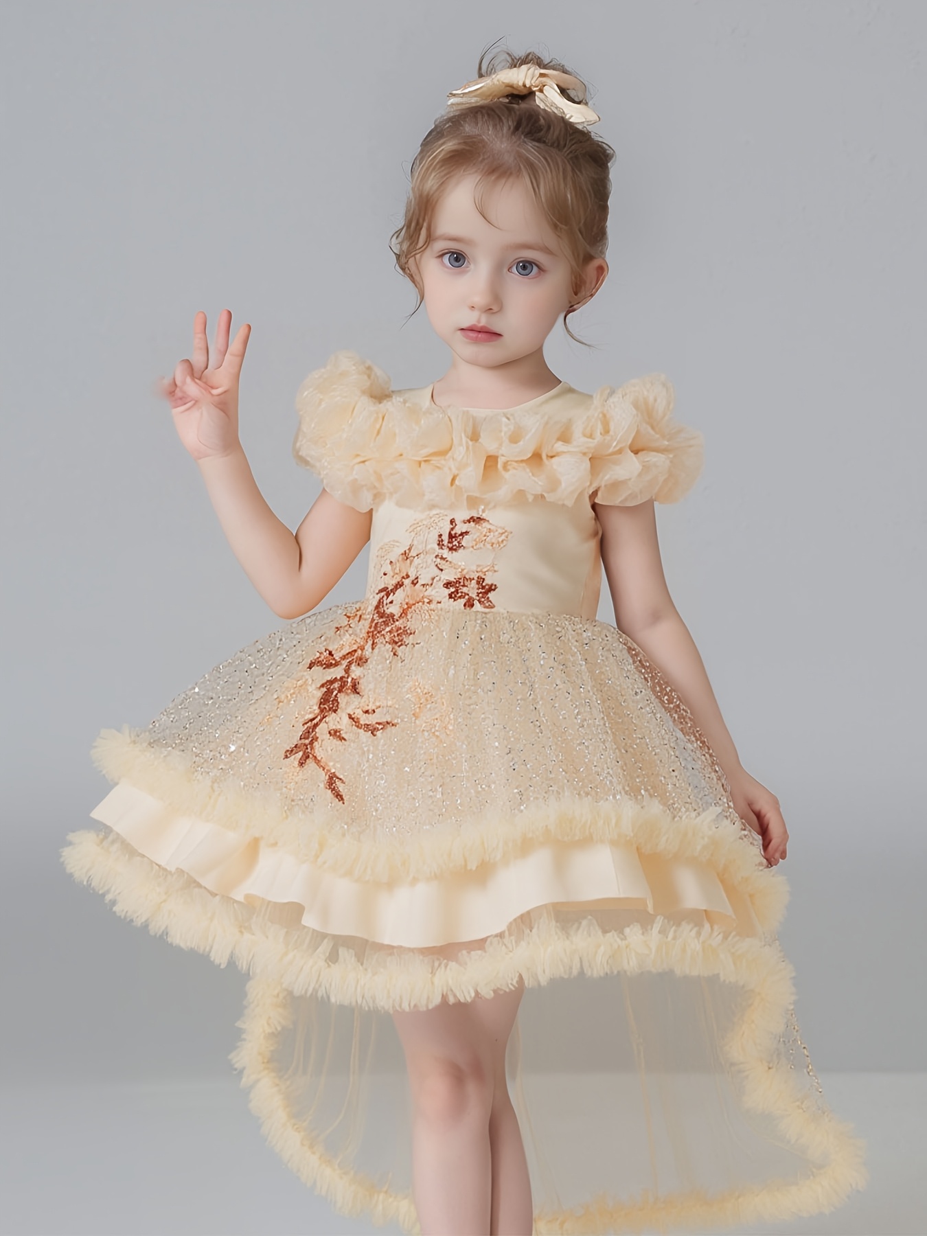 girls' elegant blue starry night princess dress with hem & bow - long  sleeve a-line party wedding dress, hand wash only, soft stretchy fabric for  1-8 years, princess dresses for girls |