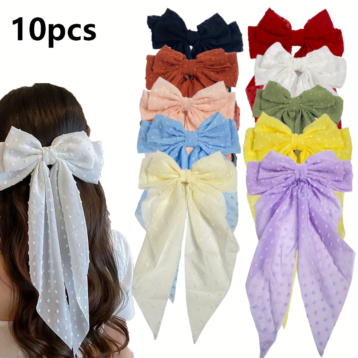 

10-piece Elegant Bow Hair Clips Set For Women - Oversized, Long Tail Design In Beige, Light Pink, White, Black | Boho Chic Fabric Barrettes Hair Accessories For Women Hair Ties For Women
