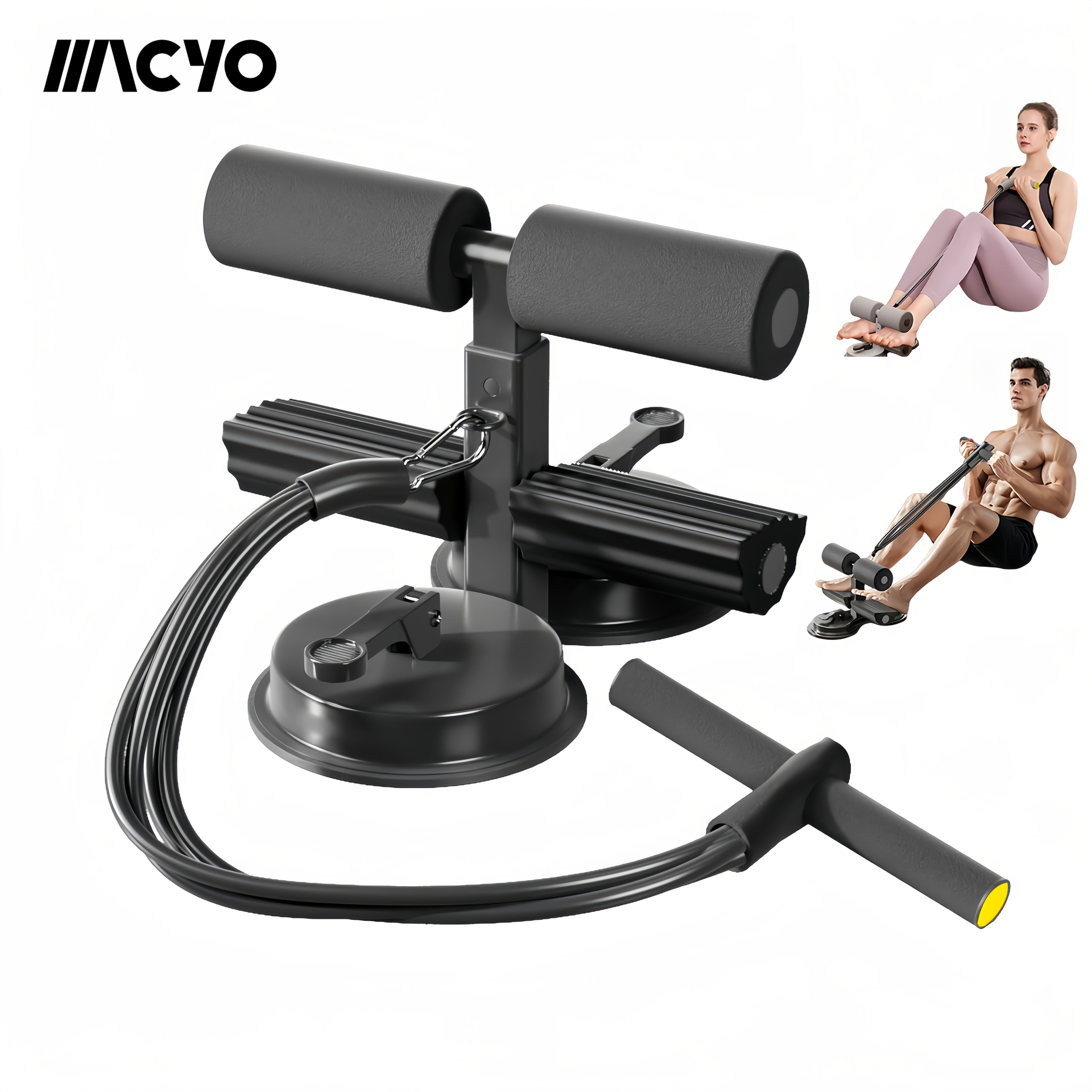 MACYO Unisex Sit-Up Bar Foot Holder, Portable Sit-Up Floor Holder, Sit-Up Exercise Equipment, 3-Level Adjustable, with 2 Strong Suction Cups and Elastic Pull Rope, for ABS Workout Aids, Feet and Legs Strength Training, Suitable for Home or Office Use