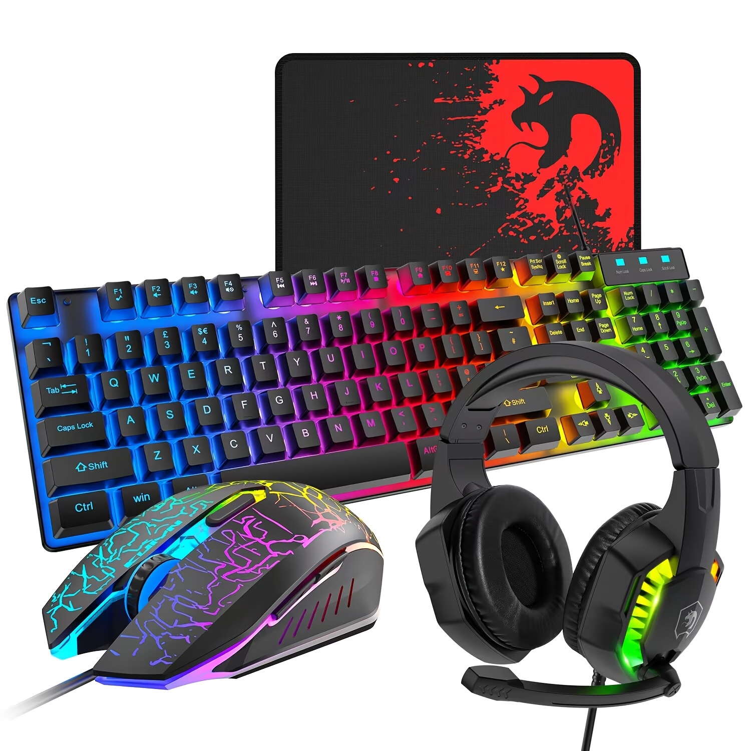 TEMU Wired Gaming Keyboard And Mouse Headset Combo, Rainbow Led Backlit Wired Keyboard, Over Ear Headphone With Mic, Rainbow Backlit Gaming Mice,