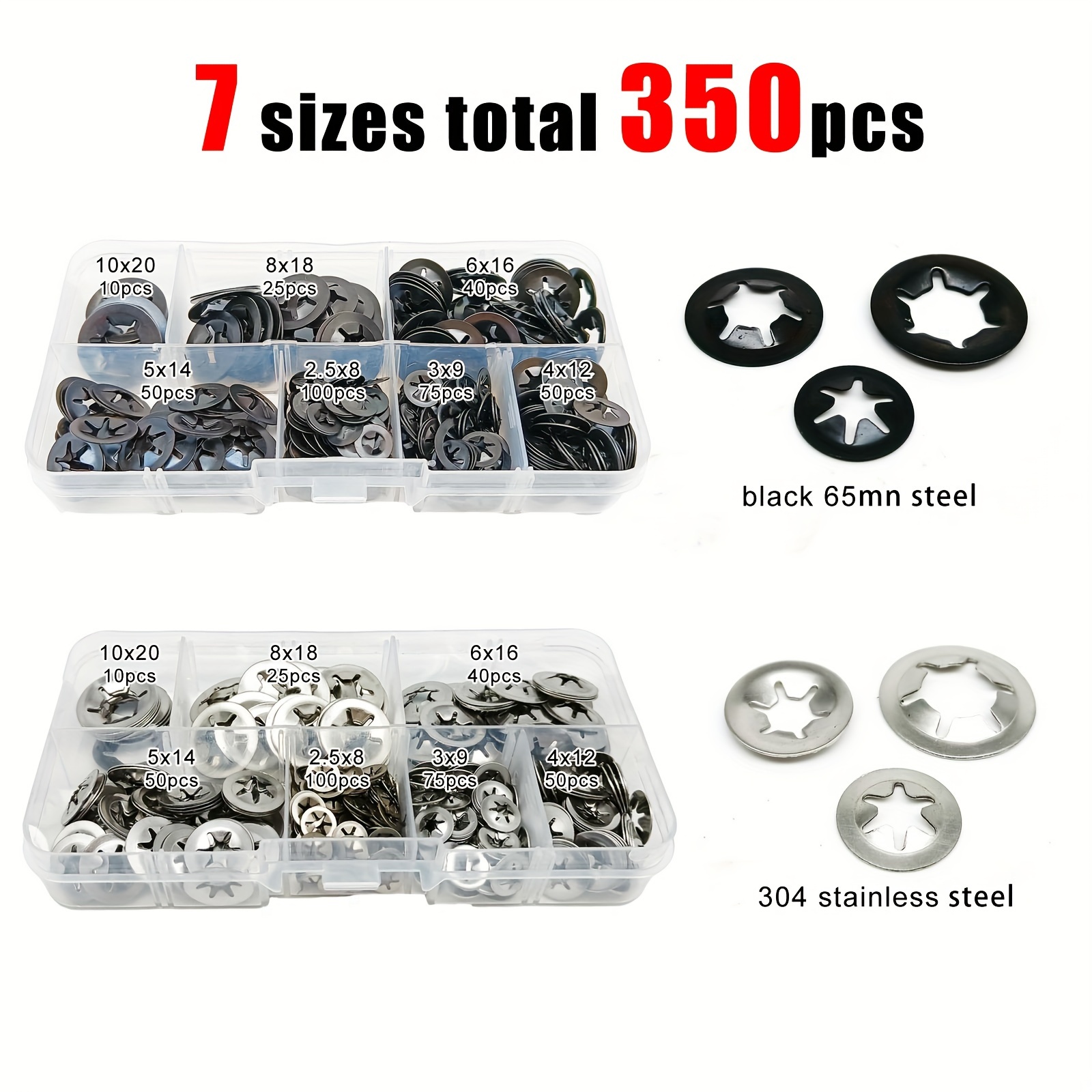 

350pcs External Circlip Self-locking Retaining Clip Shaft Bearing Snap Ring Washer Mix M2.5 M3 M4 M5 M6 M8 M10 Kit Set Black 65min Steel 304 A2-70 Stainless Steel