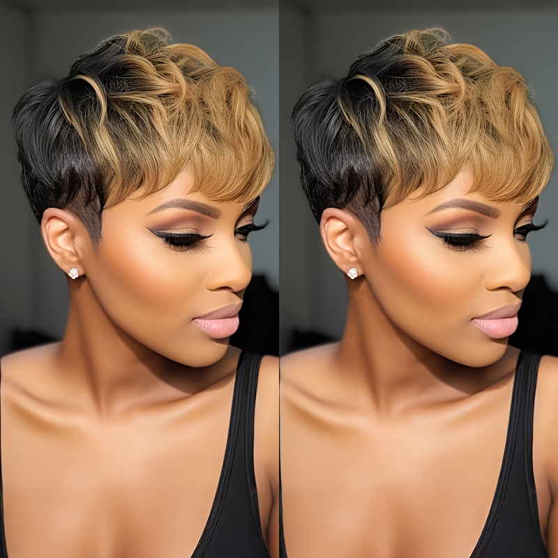 TEMU Layered Short Straight Cut Hair Wig For Women With Bangs | 1b/30# Blonde Peruvian Hair, , Machine-made Full Wig, 150% Density, Straight Hair, Suitable For Holiday/party Wear & Everyday Use
