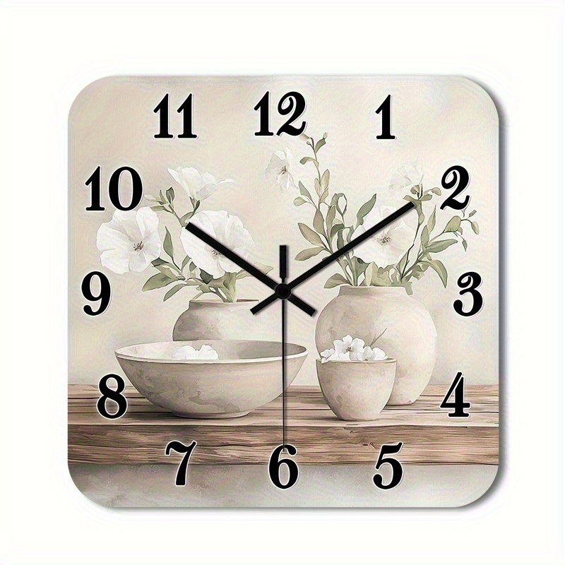 TEMU () 1pc Silent Wall Clock Non-ticking Wooden, Decorative Square Clock Hd Glossy Lamination Finish Minimalist Floral Arrangement Design For Foyer,