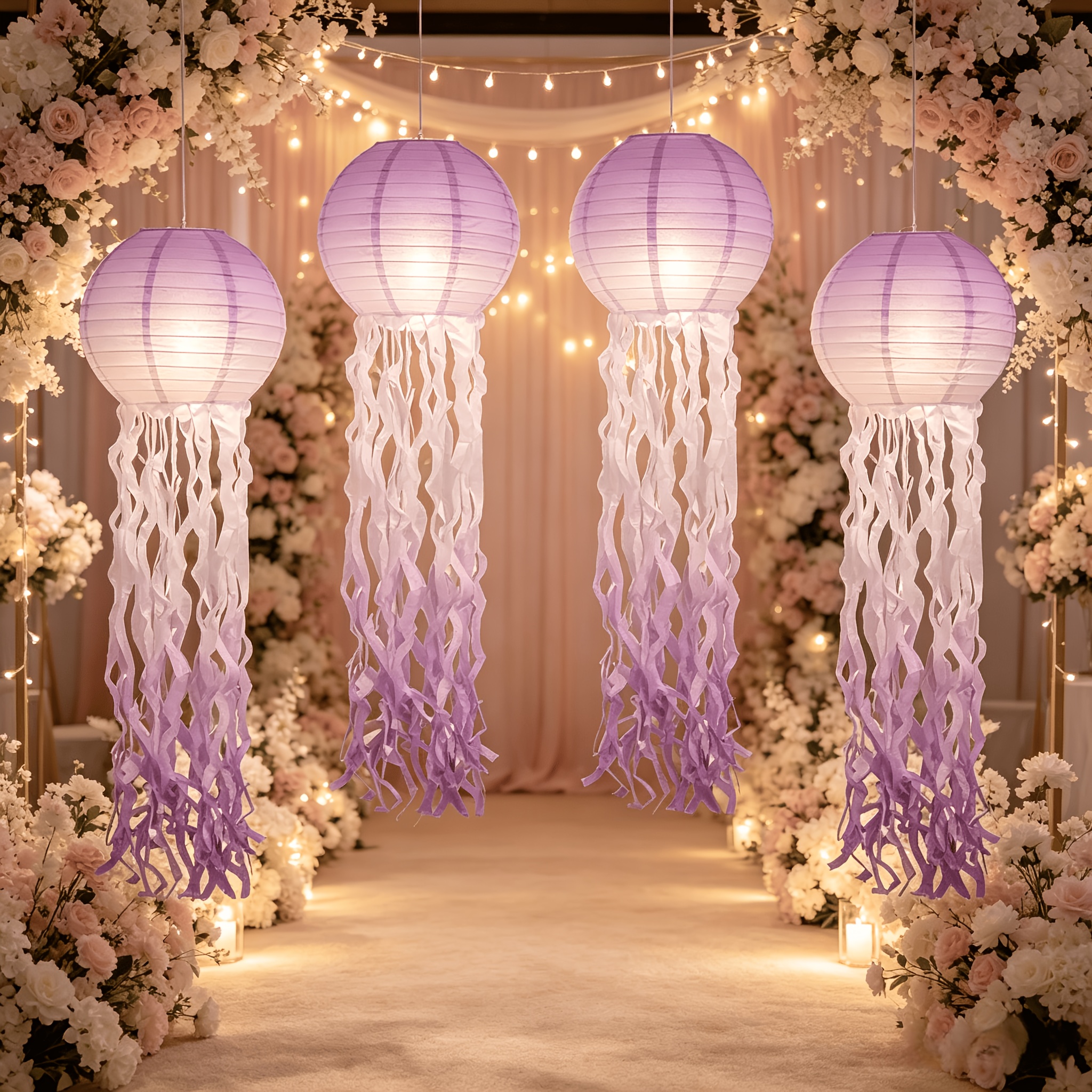 Image of 4pcs 10-inch Purple Gradient Jellyfish Round Paper Lanterns, Ocean Theme Pool Party Room Outdoor Decor, Round Colored Lanterns For Wedding Decorations