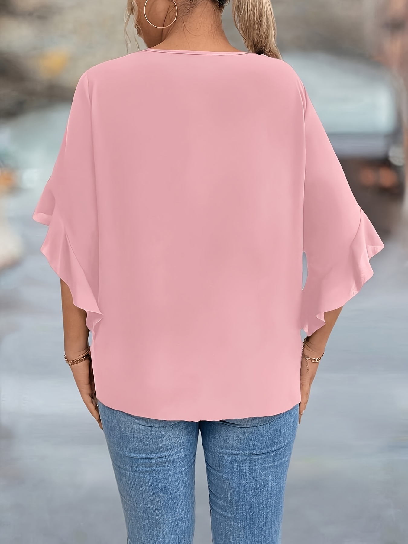 Women'S Plus Size V-Neck Blouse - Soft Pink, Ruffled Sleeves, Casual Summer Top with Golden Chain Detail, Casual Wear|Ruffled Sleeve Top|Vneckline Top