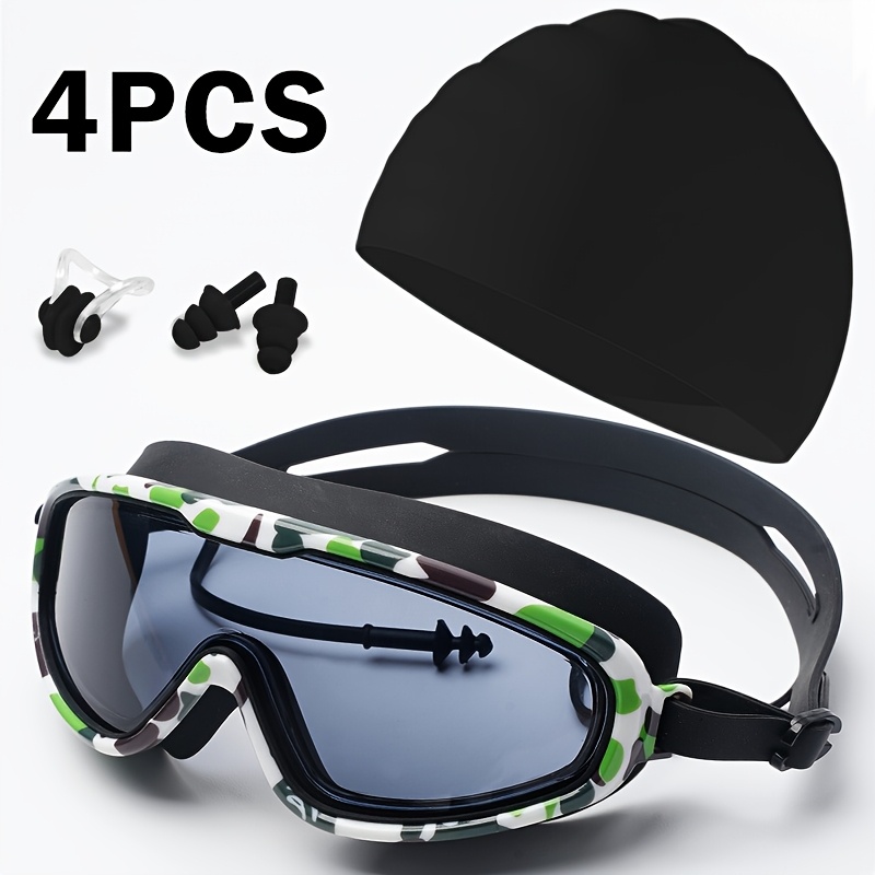 TEMU 4pcs Large Frame Swimming Goggles Set, Unisex Anti-leak & Pc And Silicone Material, Black Swim Goggles With For Adults, Adjustable Men's