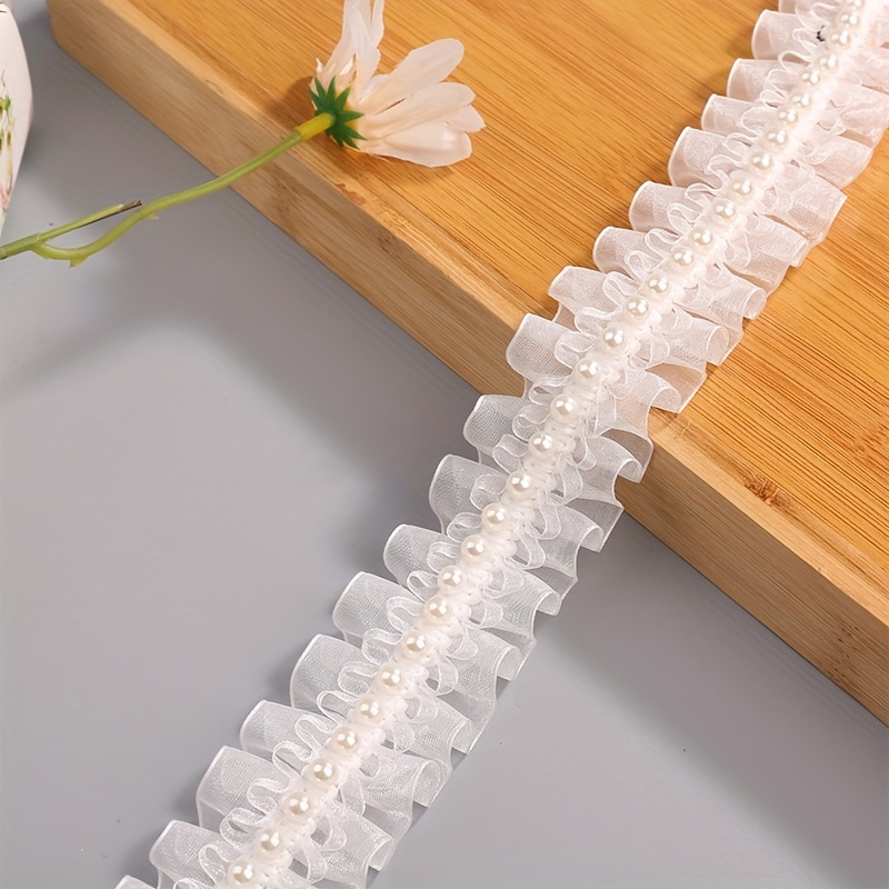Image of 1m Long White Pleated Ribbon, Lace With Studded Beads, Diy Headwear, Bags, Shoes, Hats, Craft Accessories, Accessories, Accessories