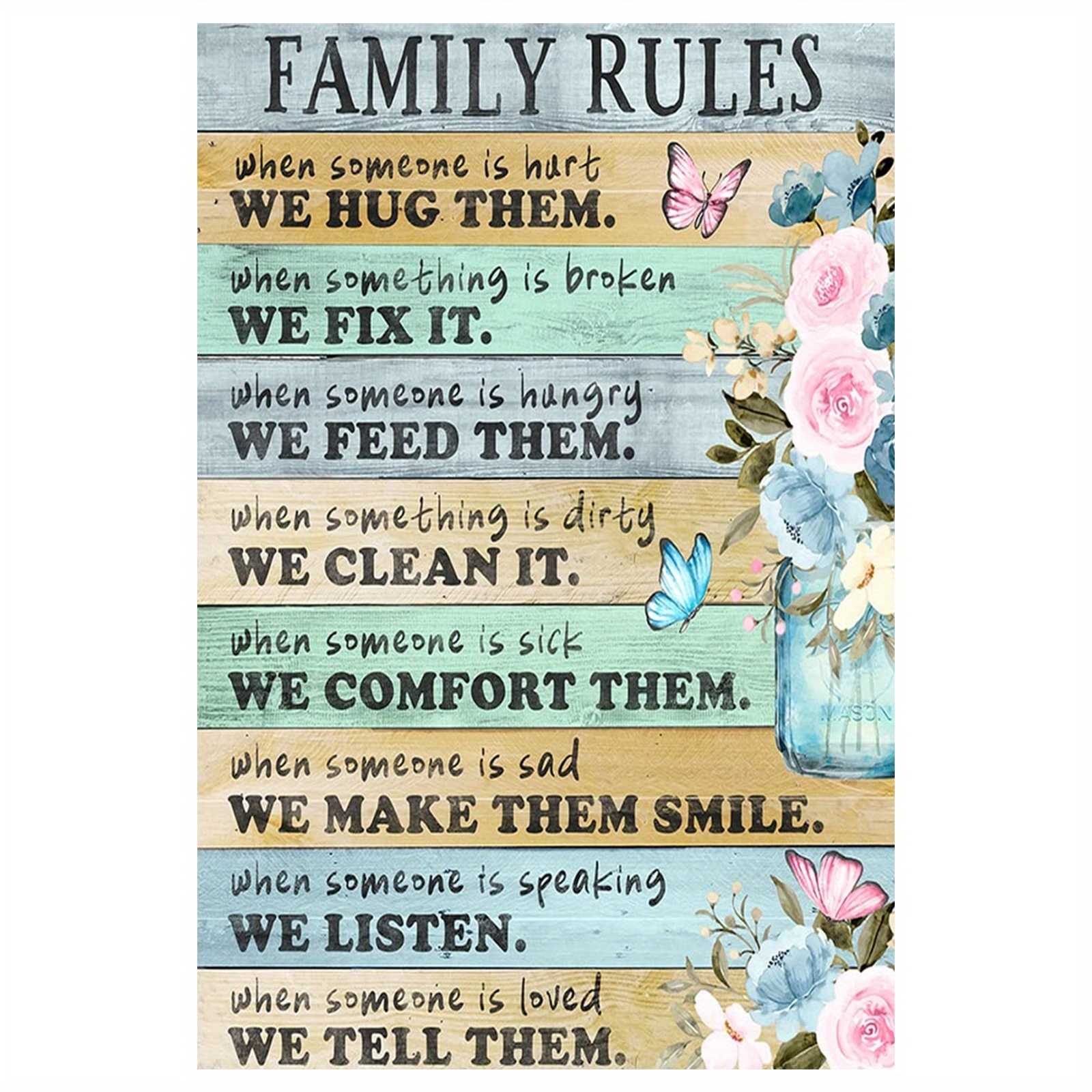 TEMU 2d Flat, 2d Flat, [2d Flat] 1pc Family Rules Inspirational Canvas Art Poster, 12x18 Inches Frameless - Rustic Shabby Chic Wall Decor With