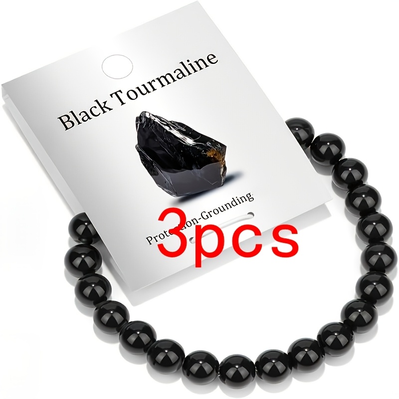 Image of 3pcs Handmade Natural Stone Authentic Obsidian Bracelets - Bohemian Elastic Stretch Beads, Unisex Stones, Wear, Perfect Gift For New Year Or Christmas, Daily Use, For Teenager, For Teenager