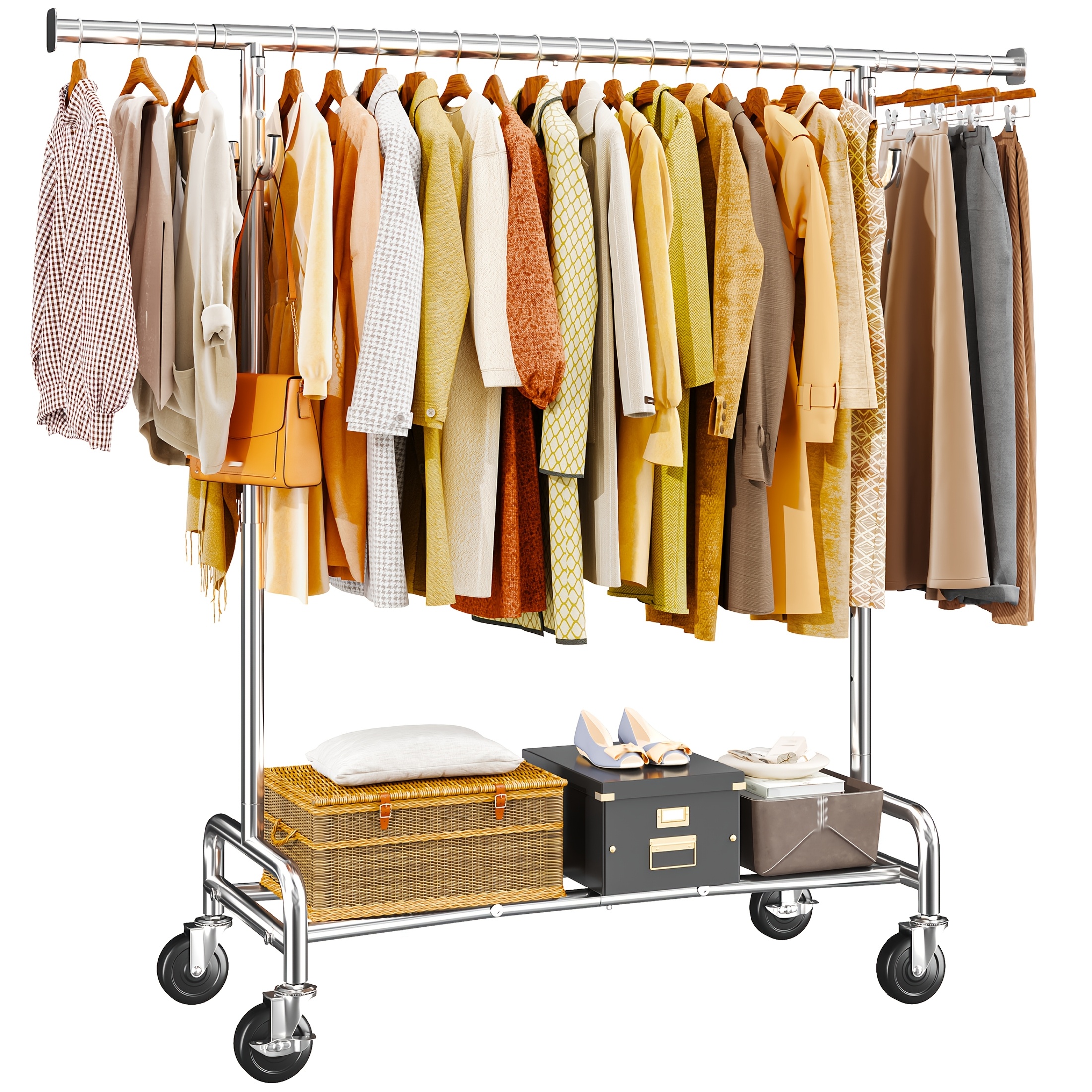 TEMU Raybee 75" Wide Heavy-duty Storage Hanger, Weighing Up To 400 , Metal Clothing Storage Hanger With Shelves, Lockable Wheels And Anti Slip Plugs,