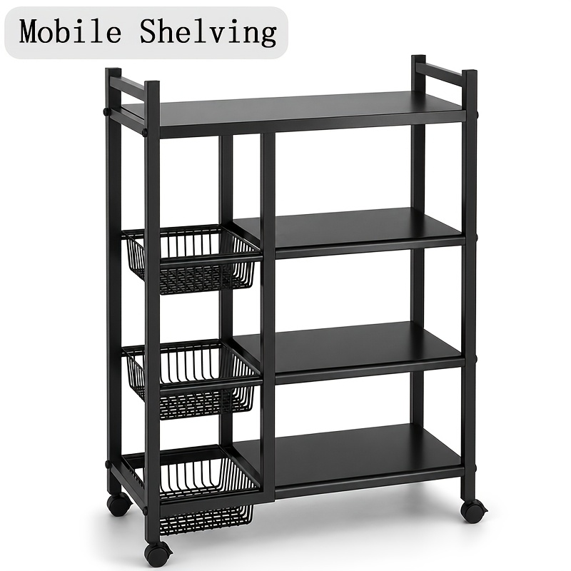 TEMU Étagère de rangement mobile en métal avec 3 paniers en fil coulissants amovibles, chariot de rangement robuste à roulettes verrouillables pour